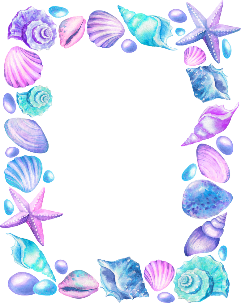 Watercolor Rectangular Frame with Seashells